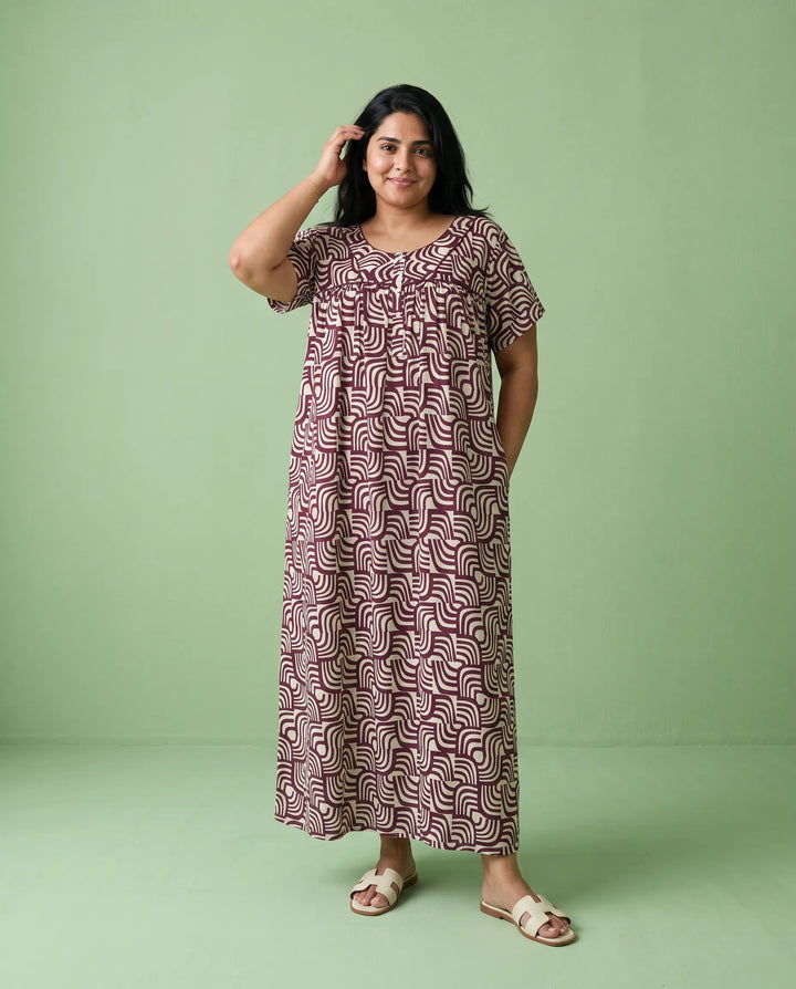 Maroon Printed Super Soft Rayon Night Dress / Home Wear