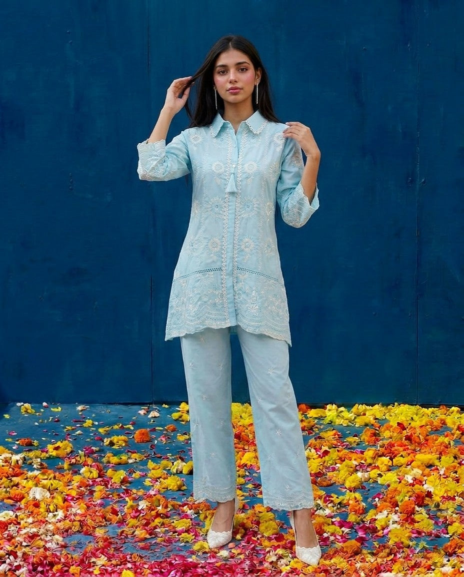 Sky Blue Embroidered Cotton Satin Co-Ord Set