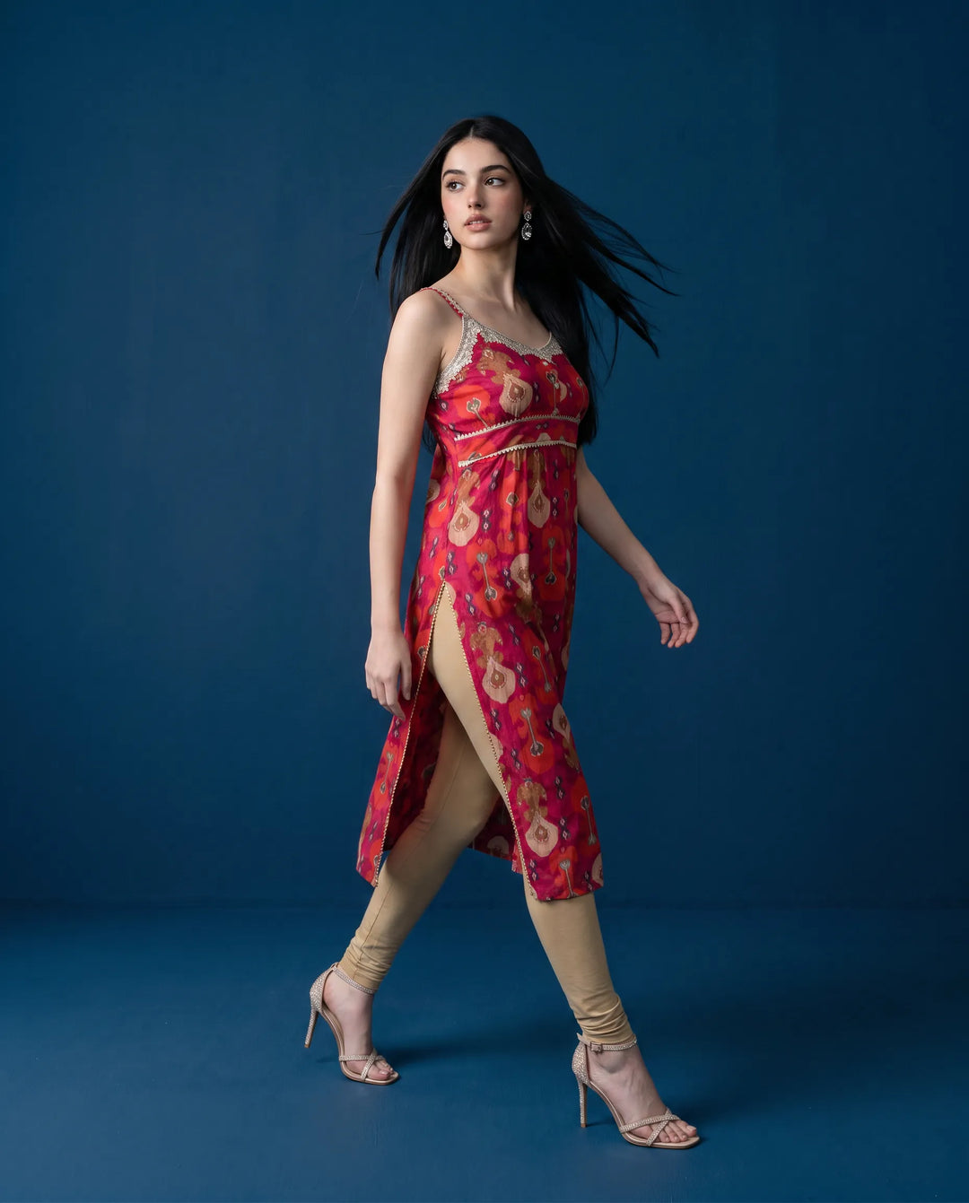 Pink Printed Viscose Blended Spaghetti Strap Straight Cut Long Kurta
