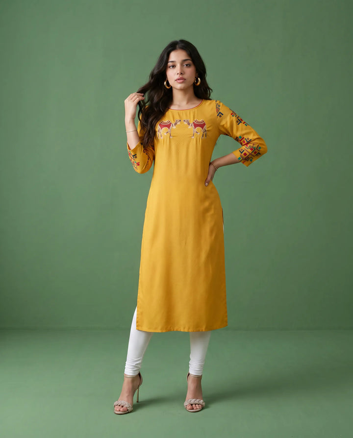 Yellow Embroidered Rayon Straight cut Long Kurta