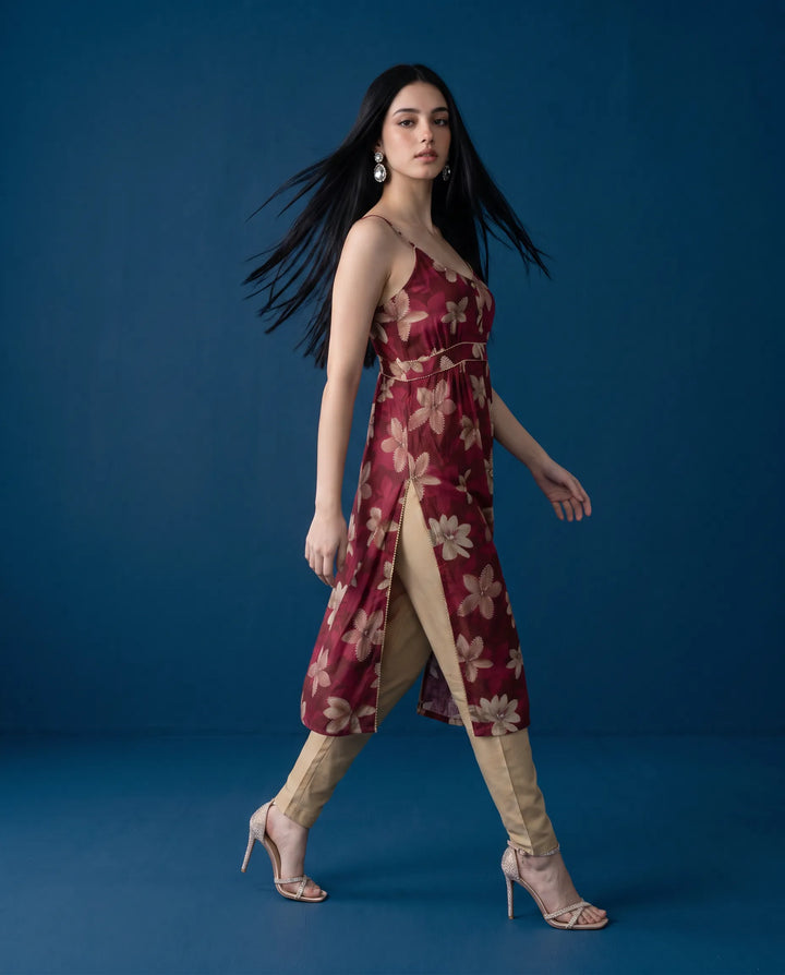 Maroon Printed Viscose Blended Spaghetti Strap Straight Cut Long Kurta