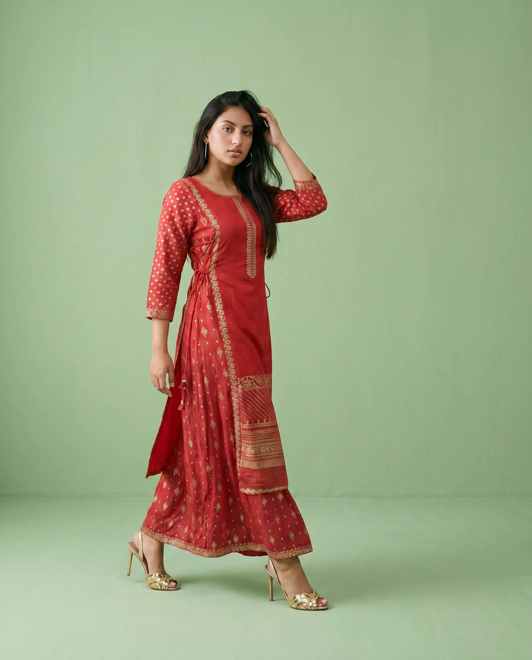Red Printed Viscose Blended Maxi Dress