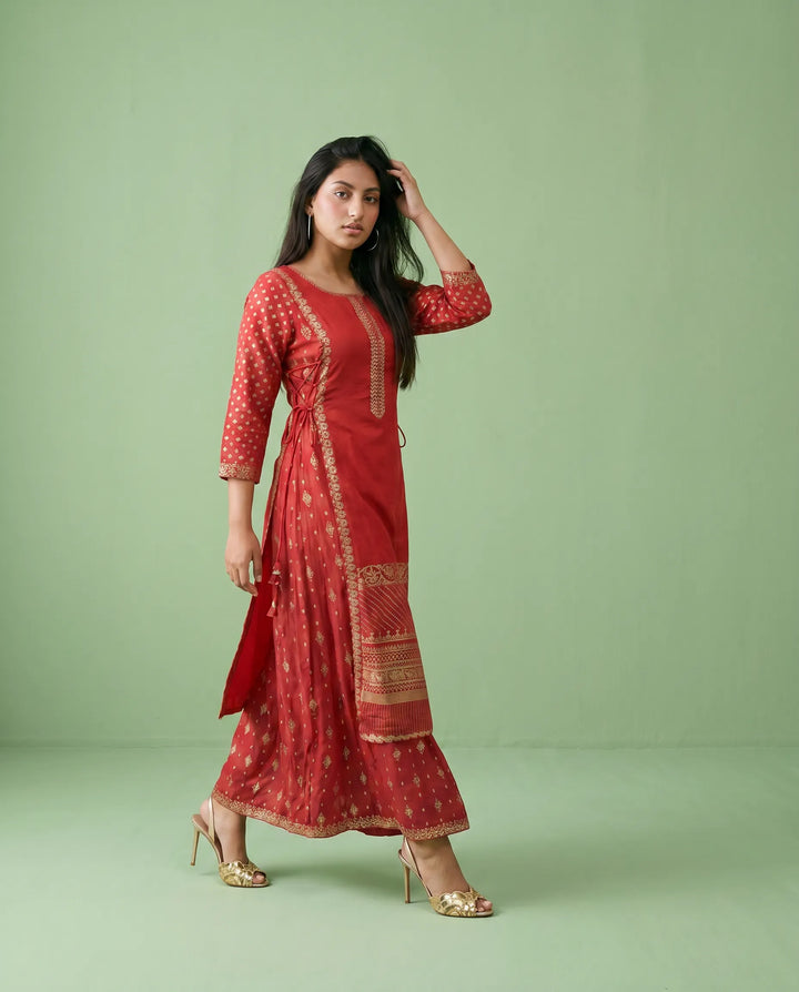 Red Printed Viscose Blended Maxi Dress
