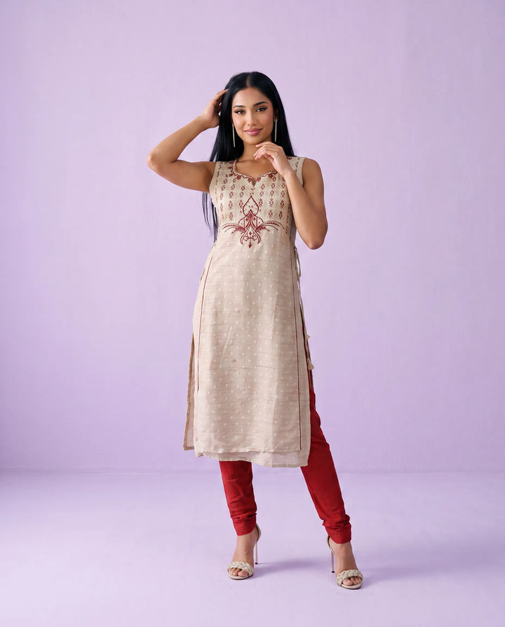 Beige Embroidered Cotton Straight cut Sleeveless Long Kurta