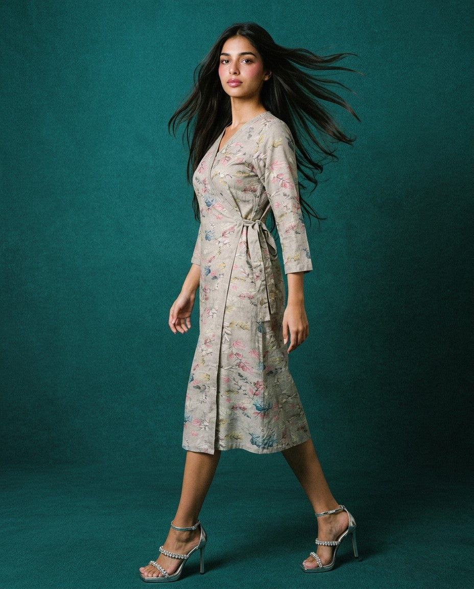Grey Printed Viscose Blended Midi Dress