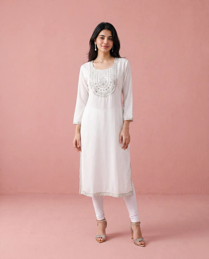 White Embroidered Rayon Straight cut Long Kurta