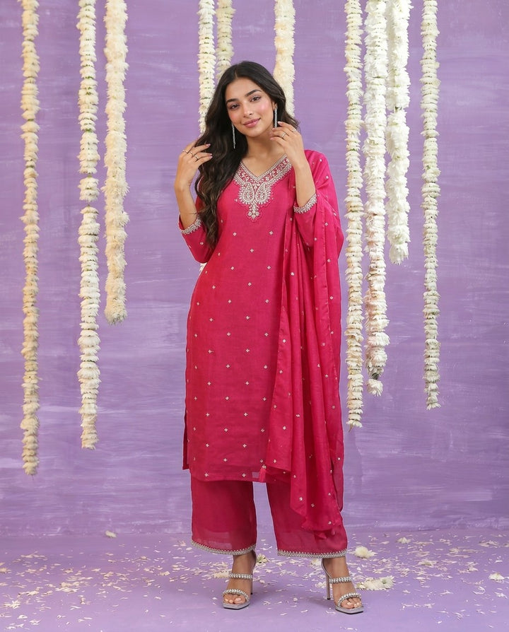 Magenta Embriodered Silk Blended Kurta Bottom Dupatta Set