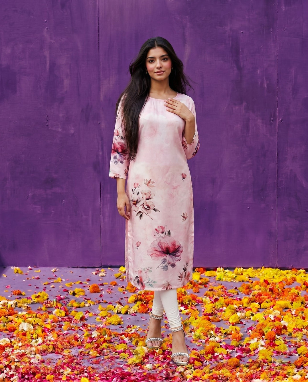 Pink Printed Crepe Silk Straight cut Long Kurta