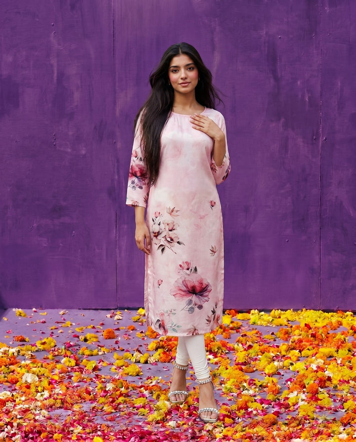Pink Printed Crepe Silk Straight cut Long Kurta