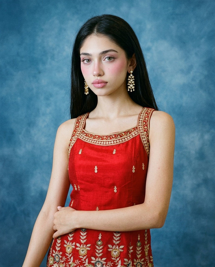 Red Embroidered Silk Blended Kurta Bottom Dupatta Set