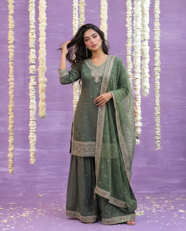 Olive Embriodered Silk Blended Kurta Bottom Dupatta Set
