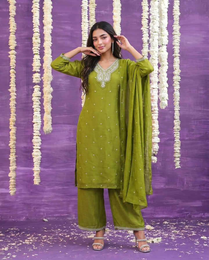 Olive Embriodered Silk Blended Kurta Bottom Dupatta Set