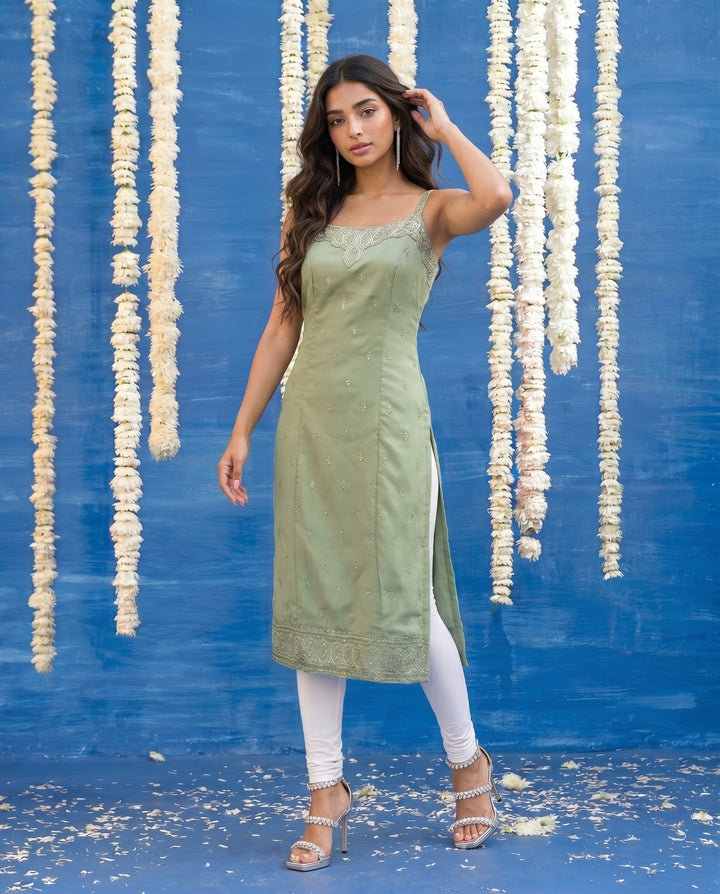 Green Embroidered Viscose Blended Spaghetti Strap Straight Cut Long Kurta