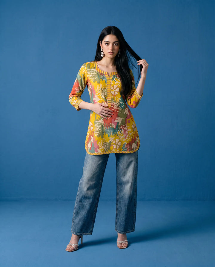Yellow Printed Viscose Blended Short Kurti