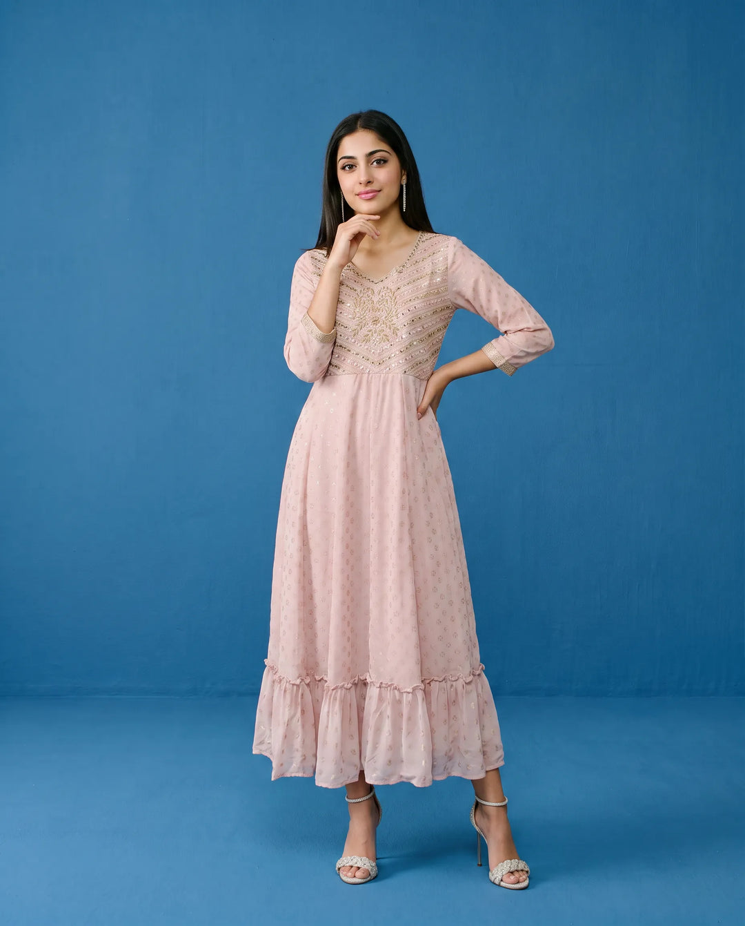 Pink Embroidered Georgette Maxi Dress
