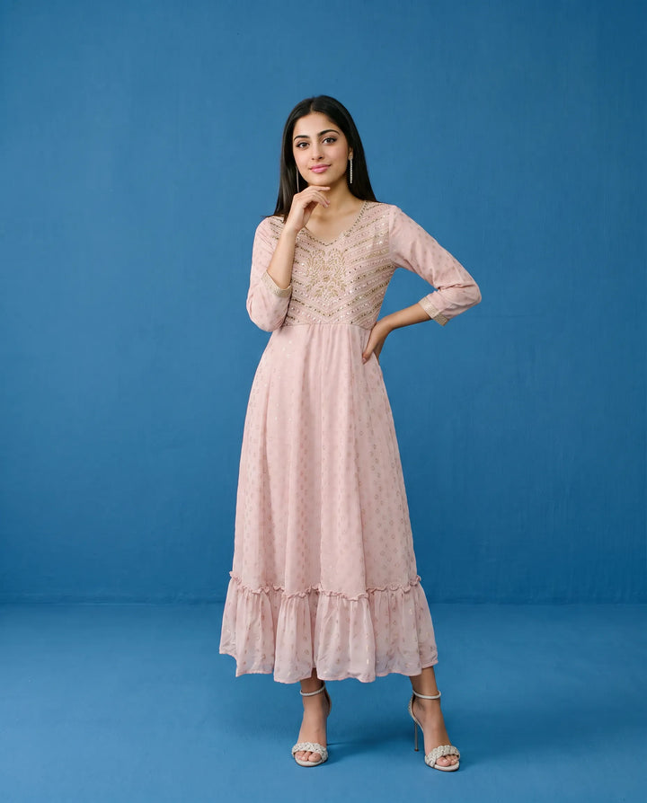 Pink Embroidered Georgette Maxi Dress