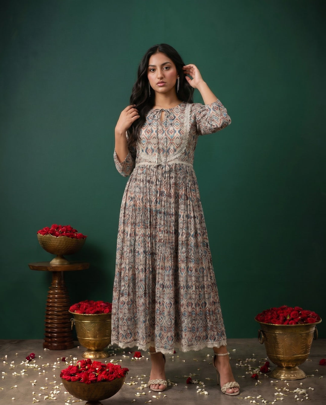 Multi-Colour Printed Silk Blended Maxi Dress