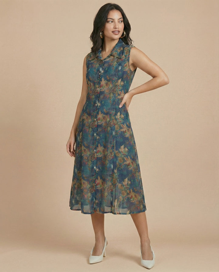 Blue Printed Viscose Blended Midi Dress