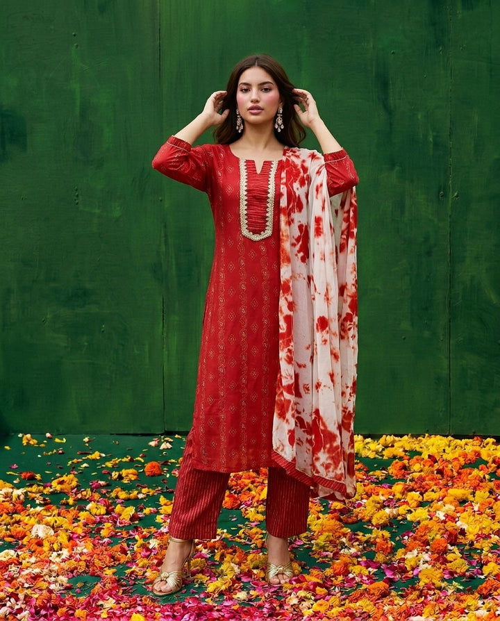 Red Cotton Kurta Bottom Dupatta Set