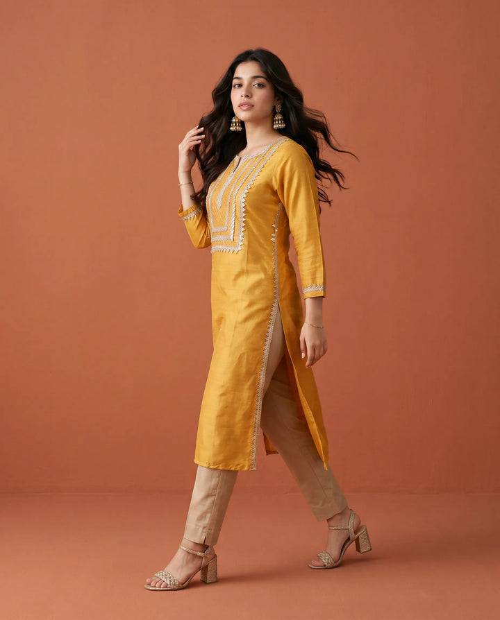 Yellow Printed Silk Blended Straight cut Long Kurta