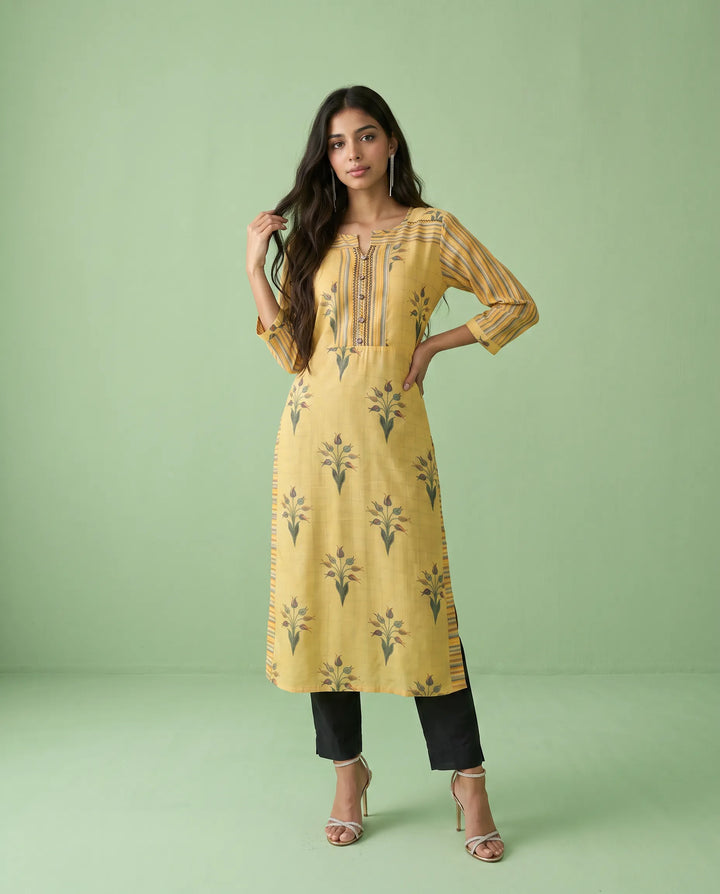 Yellow Printed Cotton Straight cut Long Kurta