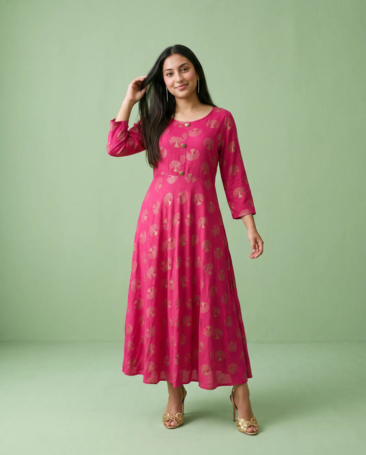 Magenta Printed Rayon Maxi Dress