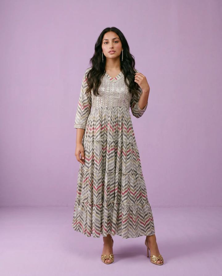 Multi Colour Embriodered Viscose Blended Maxi Dress