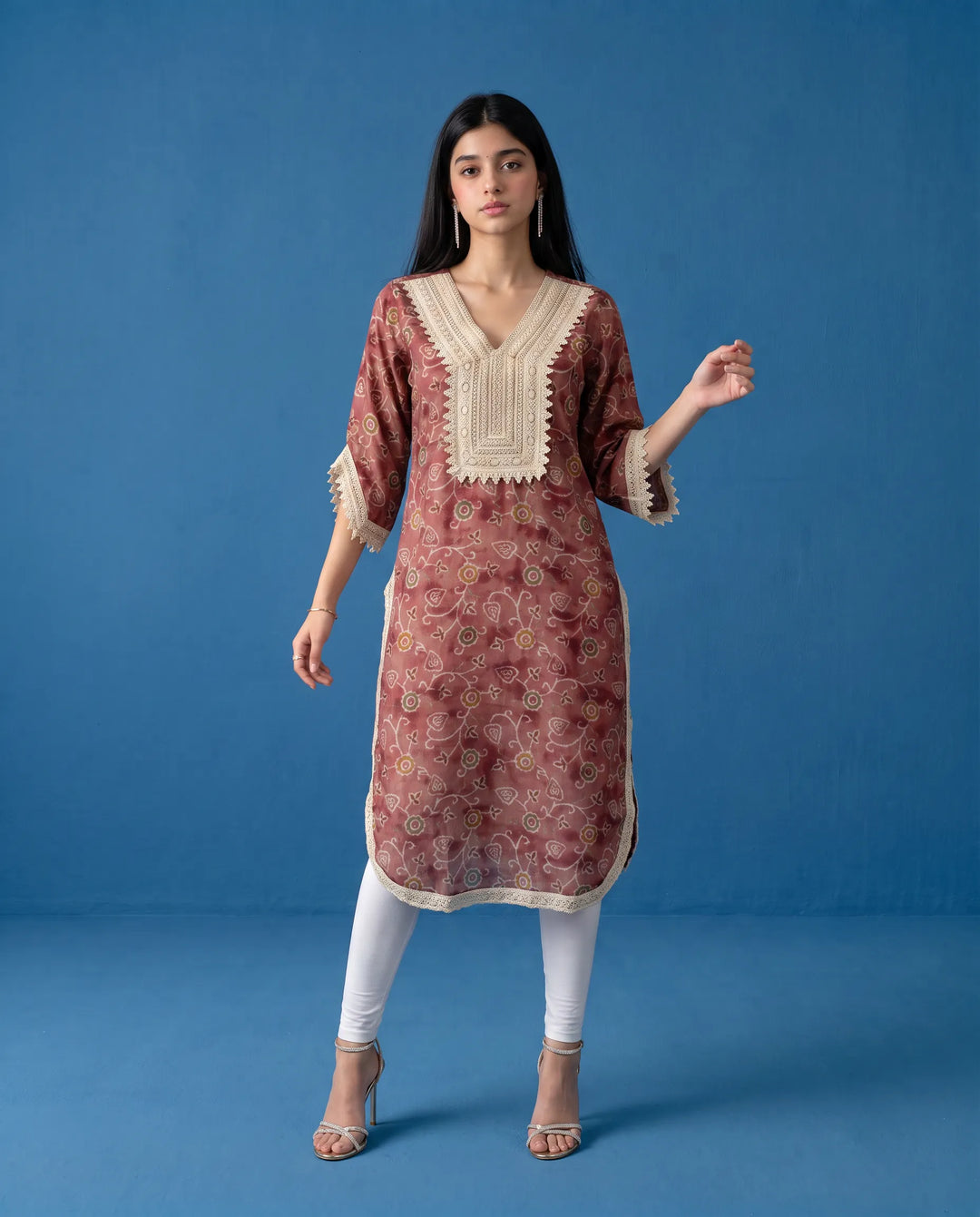 Brown Printed Viscose Blended Straight cut Long Kurta