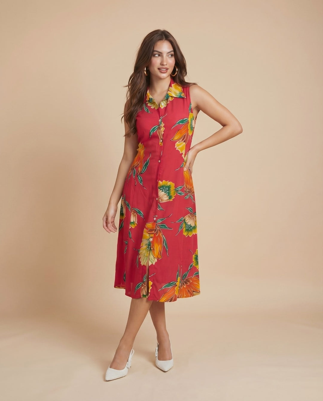 Red Printed Viscose Blended Midi Dress