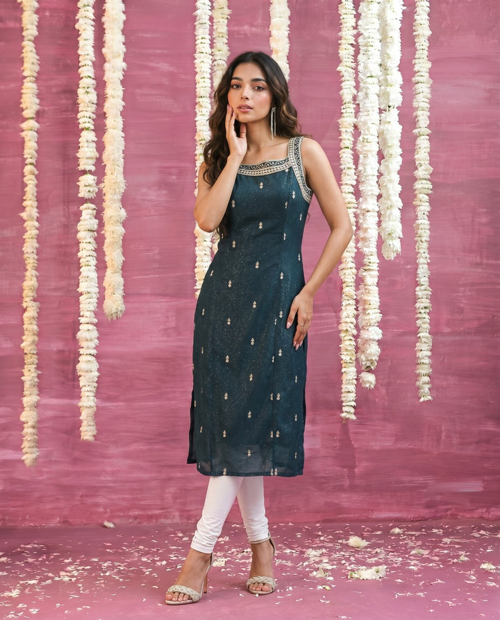 Teal Blue Embroidered Viscose Blended Sleeveless Straight cut Long Kurta