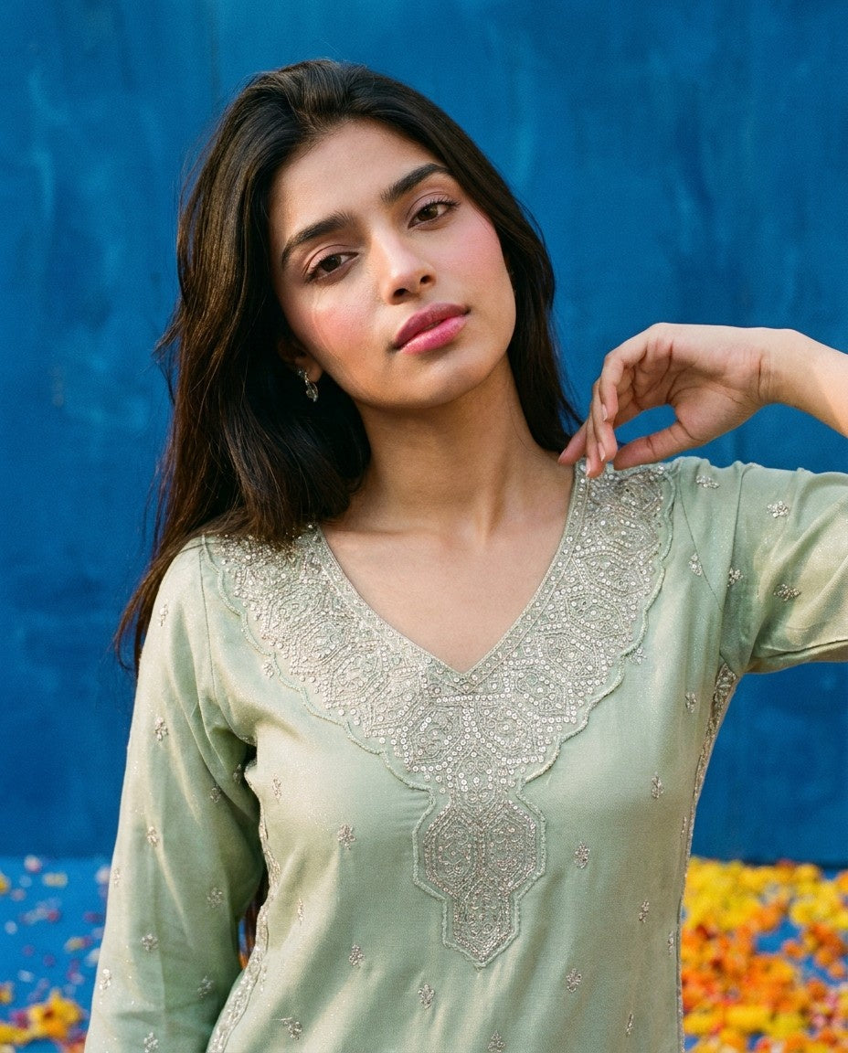 Pista Embroidered Silk Blended 3/4 Sleeves Straight Cut Long Kurta