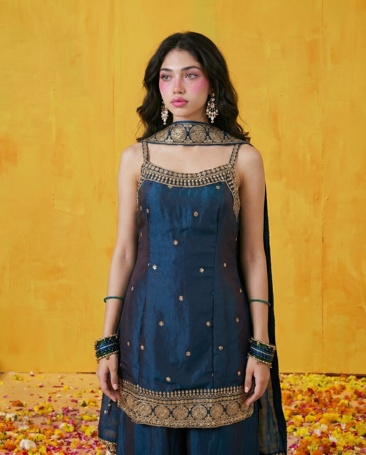 Navy Embriodered Silk Blended Spaghetti Strap Kurta Bottom Dupatta Set