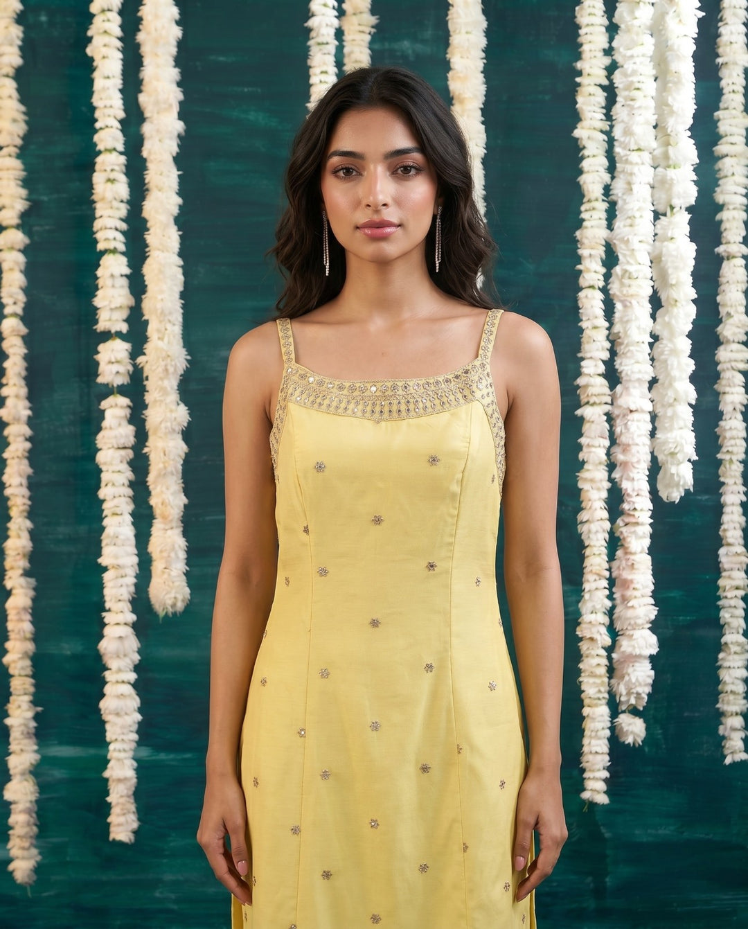 Yellow Embroidered Viscose Blended Spaghetti Strap Straight Cut Long Kurta