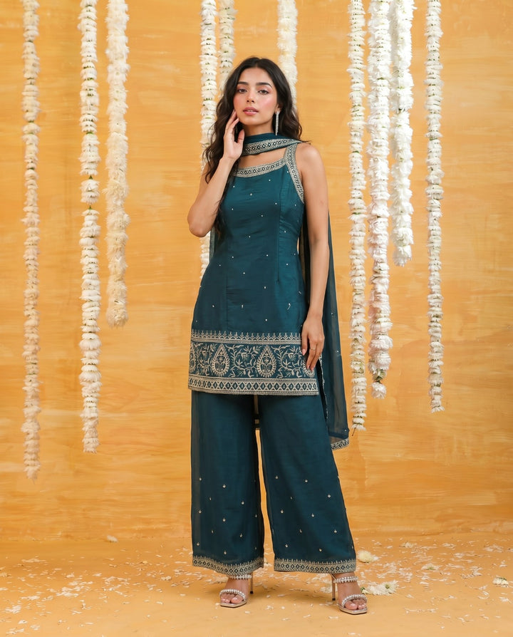 Bottle Green Embriodered Silk Blended Sleeveless Kurta Bottom Dupatta Set