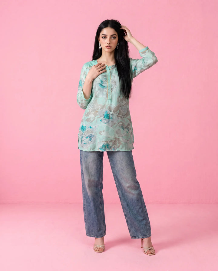 Turquoise Printed Crepe Silk Short Kurti