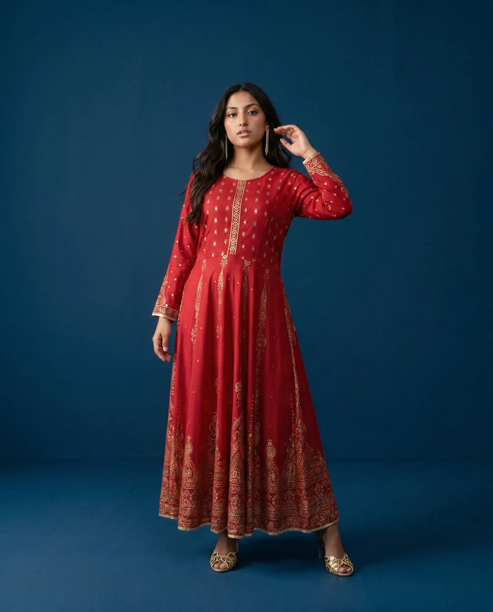 Red Printed Rayon Maxi Dress