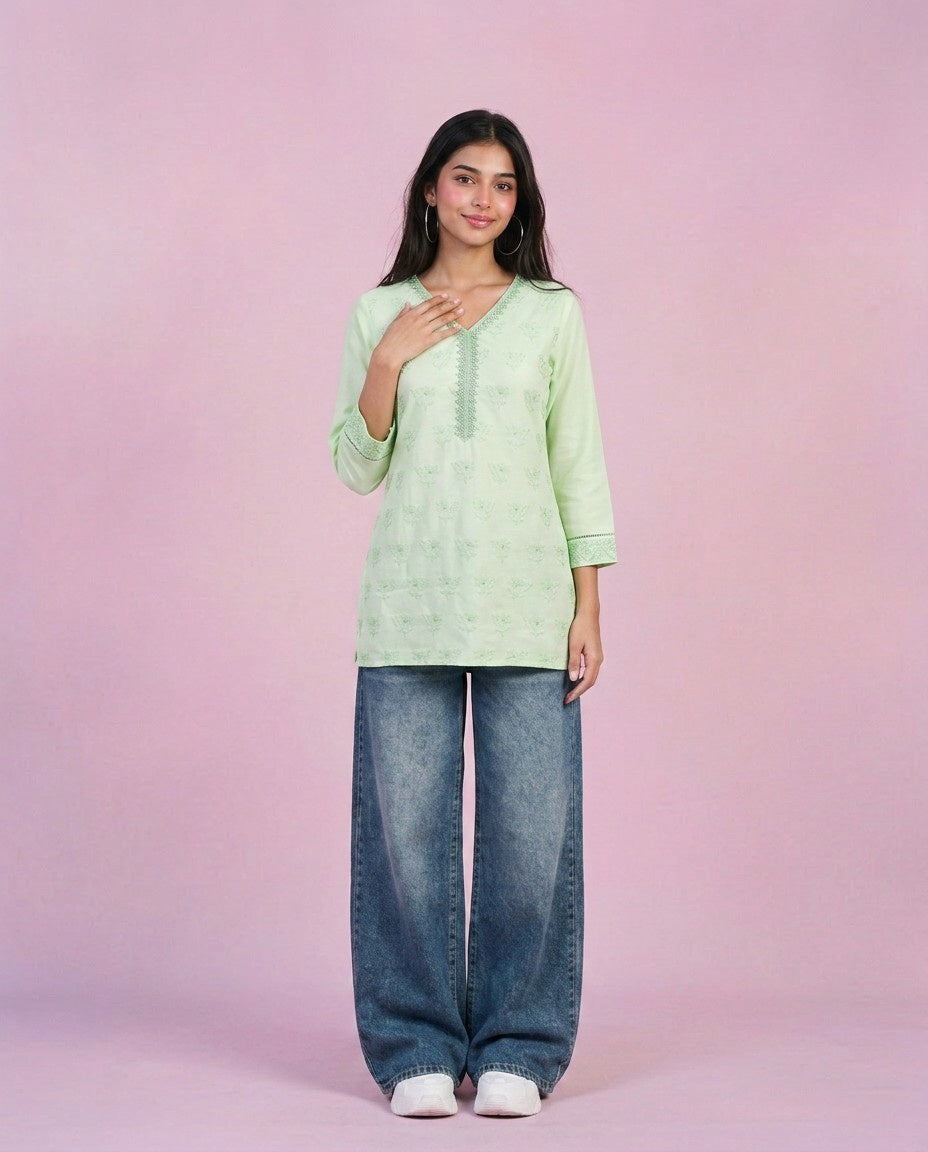 Lime Green Embriodered Cotton Short Kurti