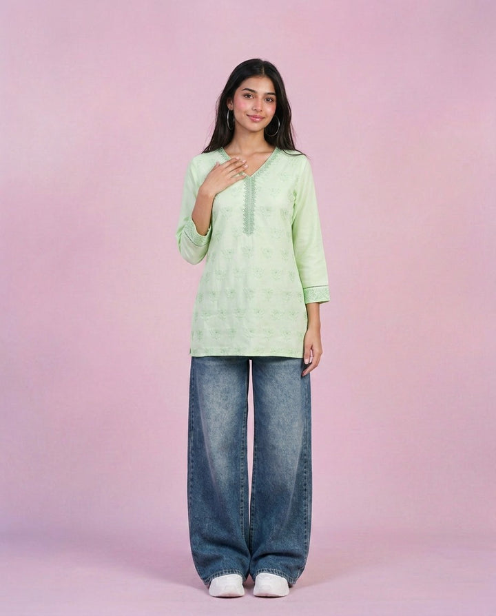 Lime Green Embriodered Cotton Short Kurti