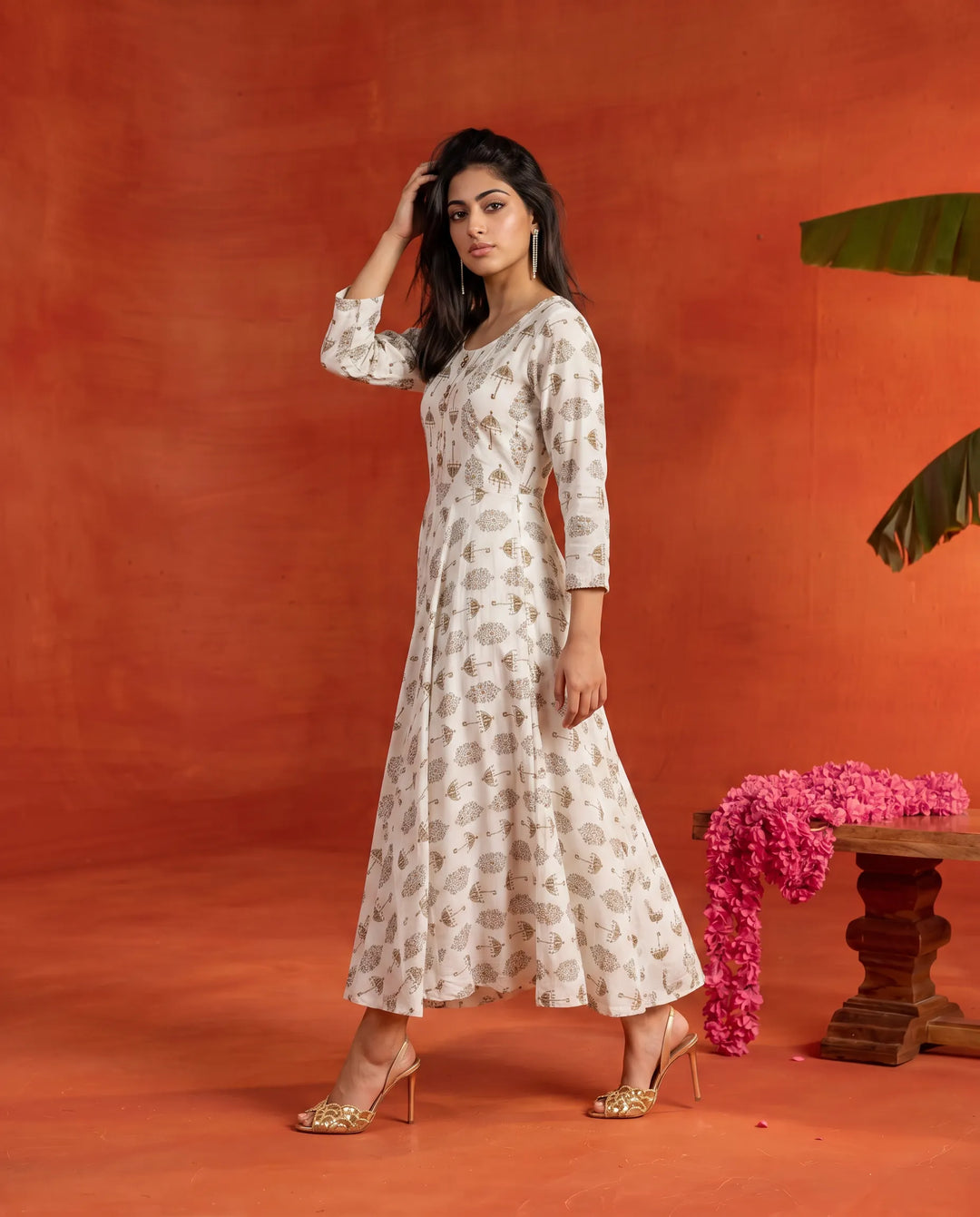 White Printed Rayon Maxi Dress