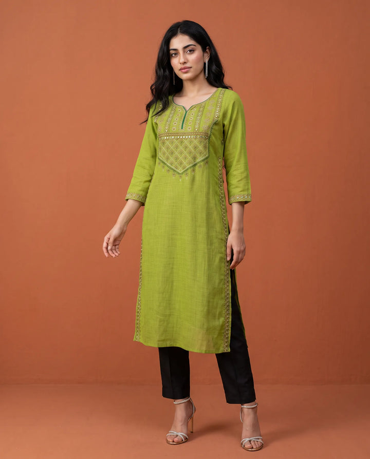 Green Embroidered Cotton Straight cut Long Kurta