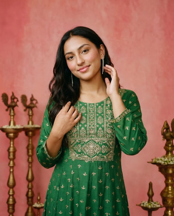 Green Embriodered Rayon Maxi Dress