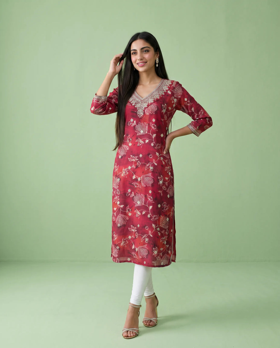 Maroon Embroidered Viscose Blended 3/4 Sleeves Straight Cut Long Kurta