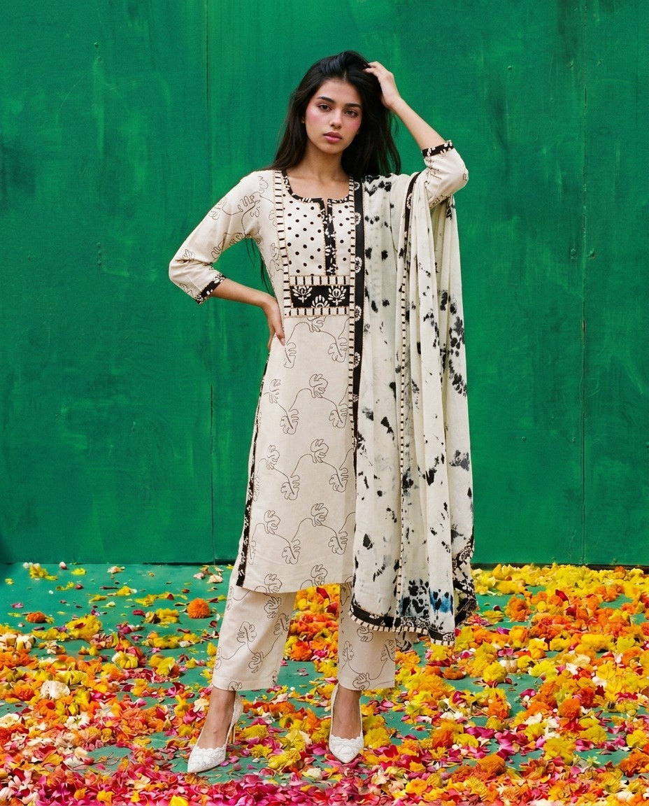 White Printed Cotton Kurta Bottom Dupatta Set