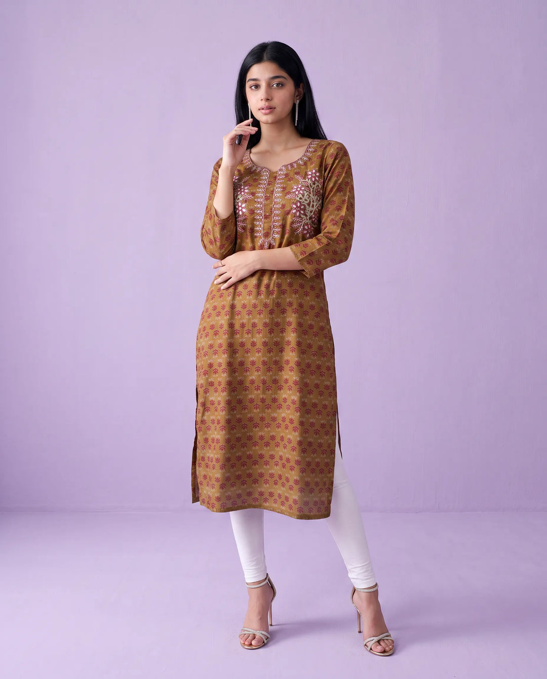 Brown Embroidered Viscose Blended Straight cut Long Kurta