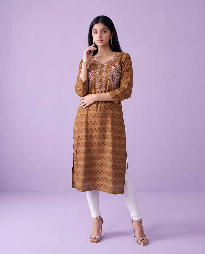 Brown Embroidered Viscose Blended Straight cut Long Kurta