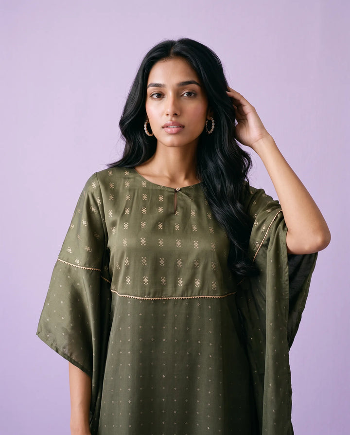Olive Printed Viscose Blended Kaftan
