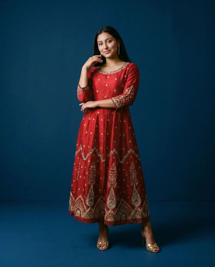 Maroon Embriodered Silk Blended Maxi Dress