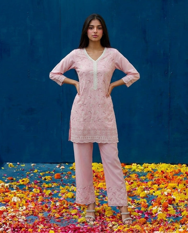 Pink Embriodered Cotton Satin Co-Ord Set