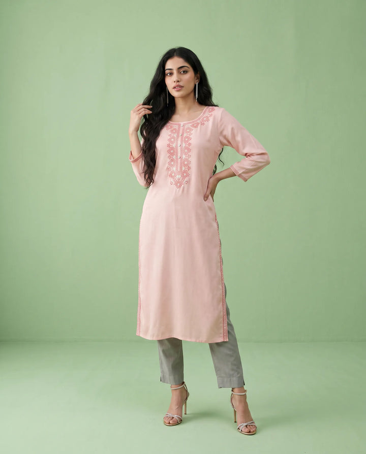 Peach Embroidered Rayon Straight cut Long Kurta