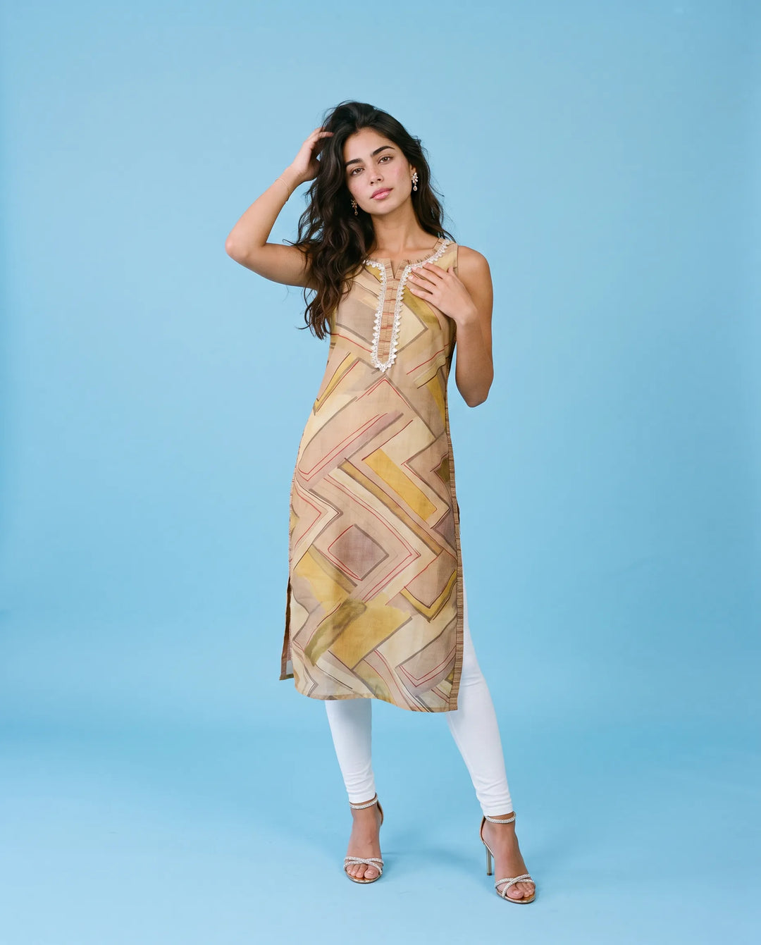 Beige Viscose Blended Sleeveless Straight cut Long Kurta